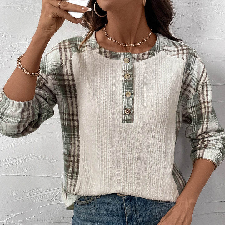 Ladies long sleeve shirt with check and structural details Mune Fashion