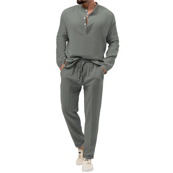 Men's muslin comfort set with semi-high collar and drawstring pants Mune Fashion