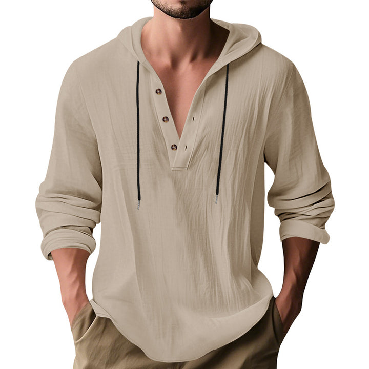 Men's casual linen shirt with hood and Henley button placket Mune Fashion