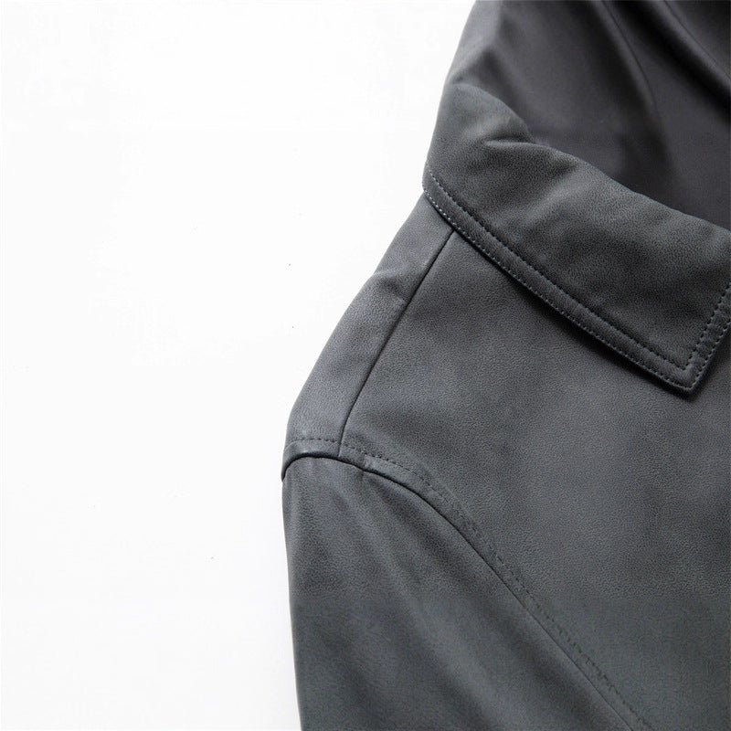 Men's Elegant Velvet Leather Transitional Jacket with Zipper and Shirt Collar Mune Fashion