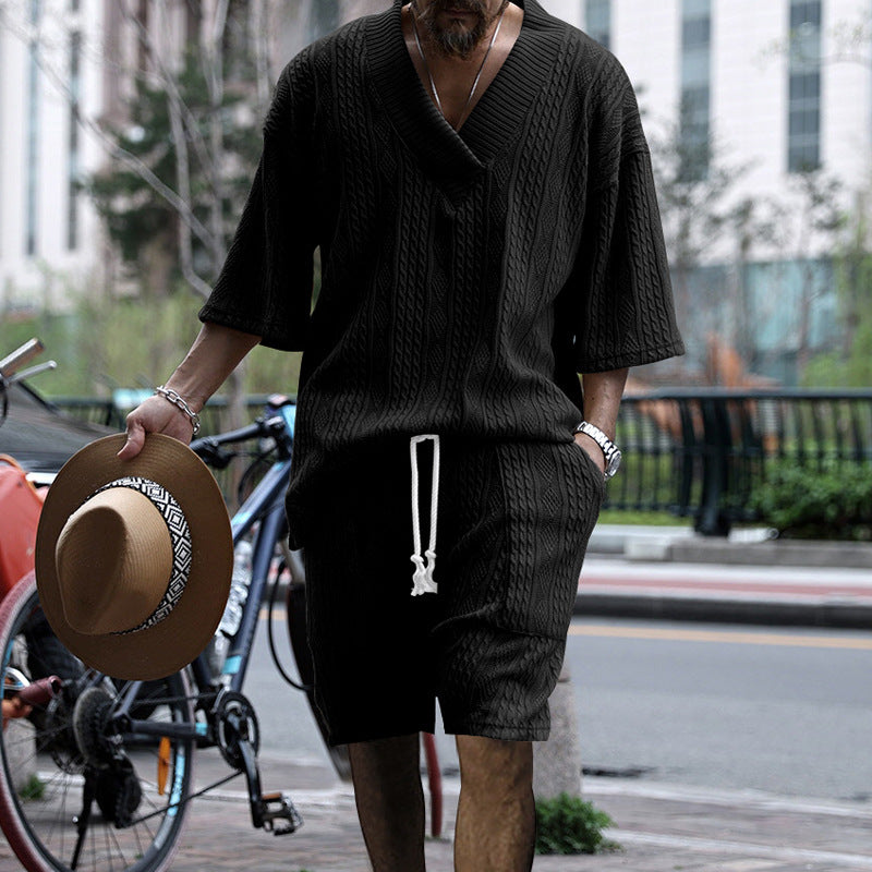 Men's casual structured knit set with deep V-neck boxy short sleeve sweater and drawstring shorts Mune Fashion