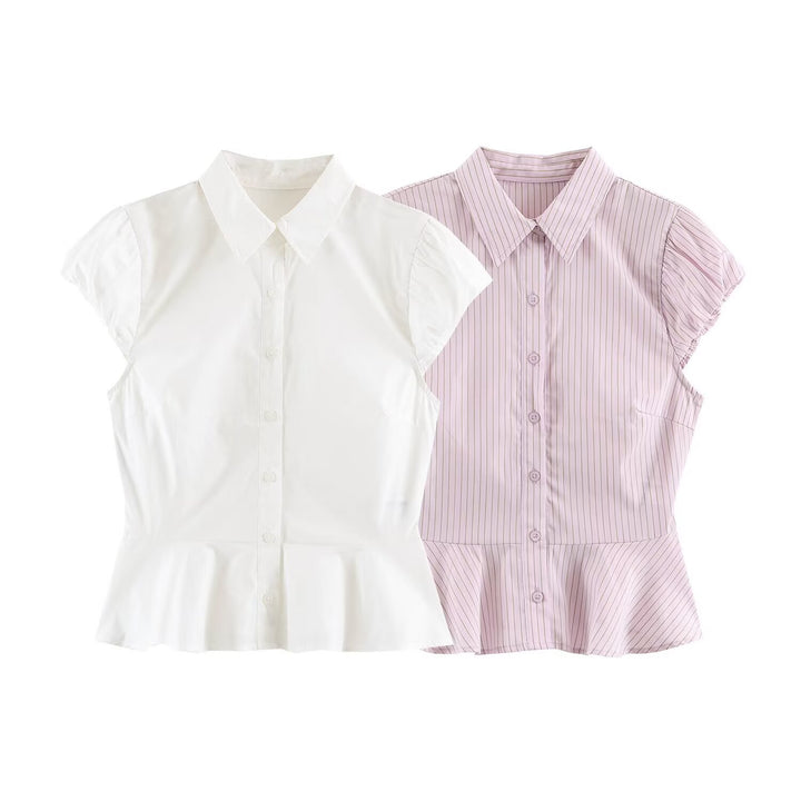 Women's Tailored Short Sleeve Blouse with Peplum, Shirt Collar and Fine Pinstripe Mune Fashion