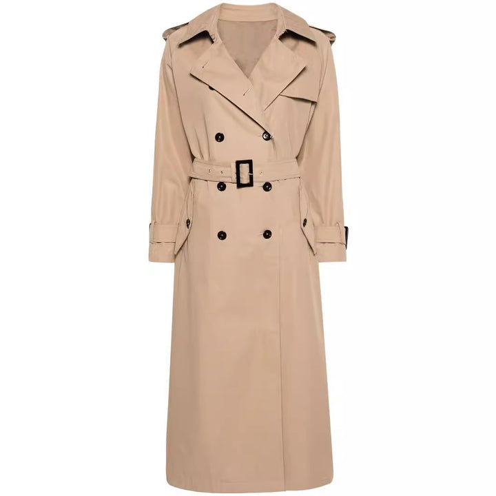 Women's trench coat in maxi length with double-breasted button placket and waist belt Mune Fashion