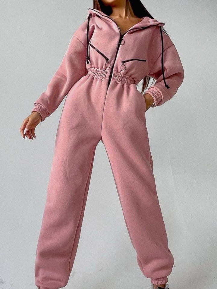 Ladies Tailored Hooded Sweat Jumpsuit with Zipper and Elastic Waistband Mune Fashion