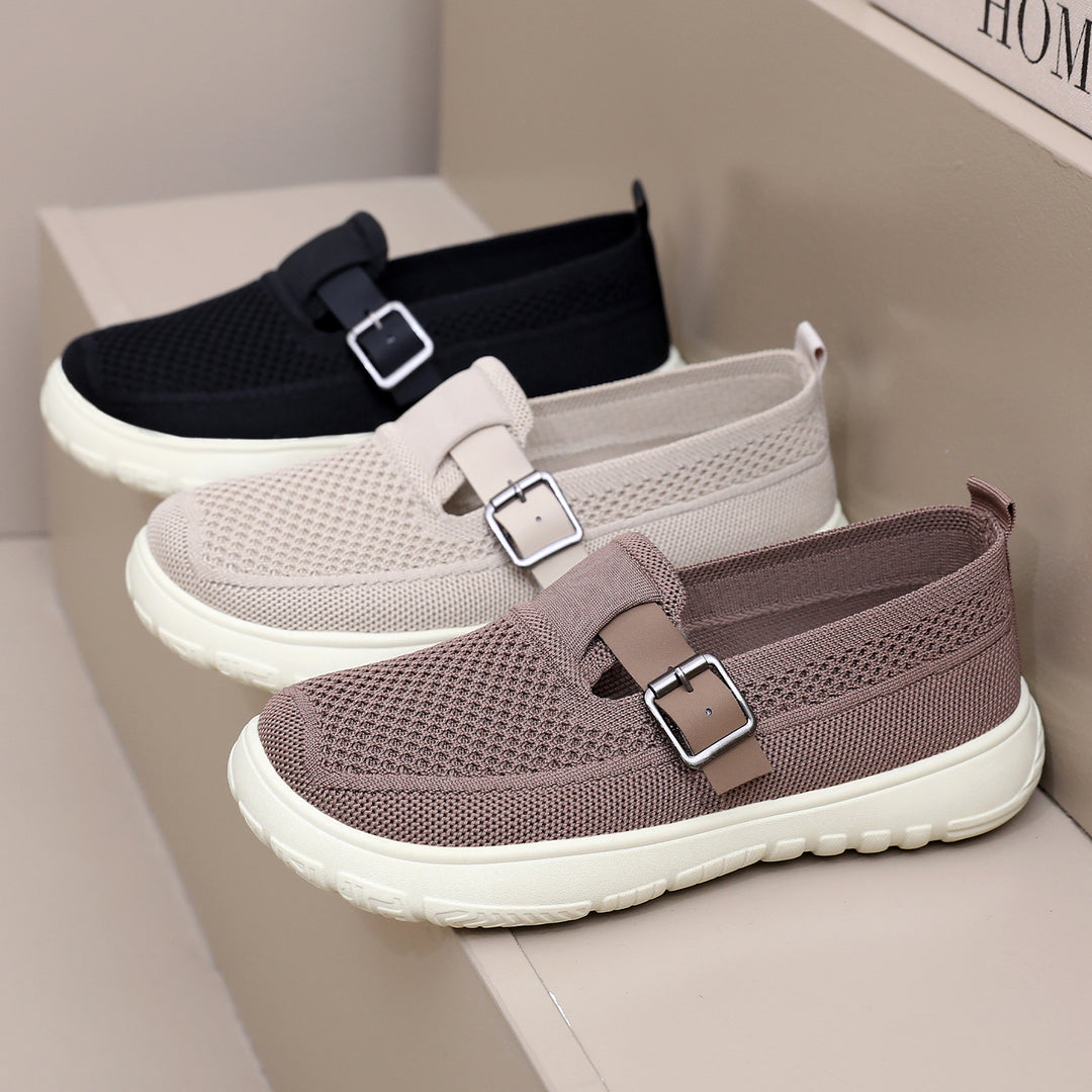 Women's breathable knit slip-on with adjustable metal buckle and cushioned lightweight EVA sole Mune Fashion