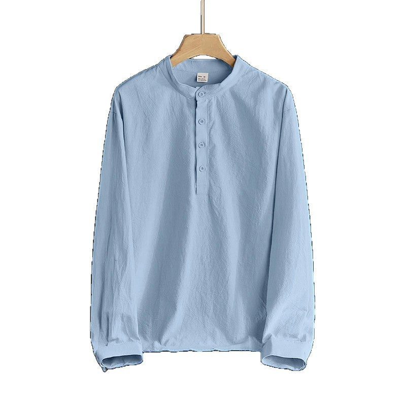 Men's Linen Blend Long Sleeve Henley Shirt with Stand Collar Mune Fashion