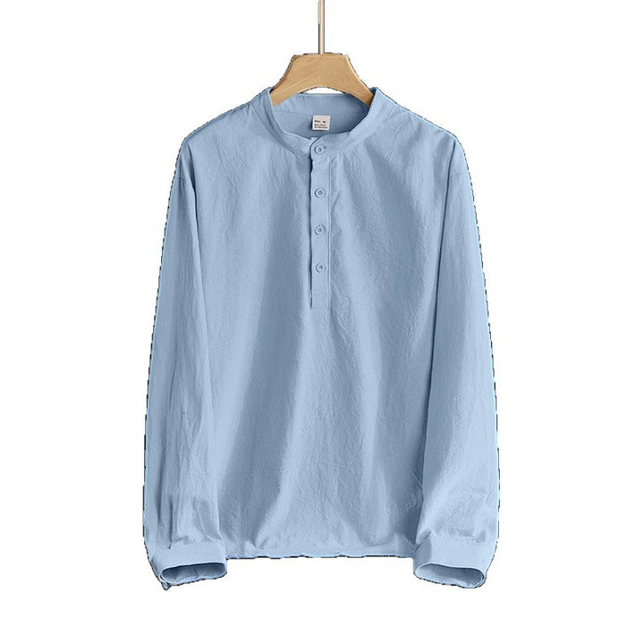 Men's Linen Blend Long Sleeve Henley Shirt with Stand Collar Mune Fashion