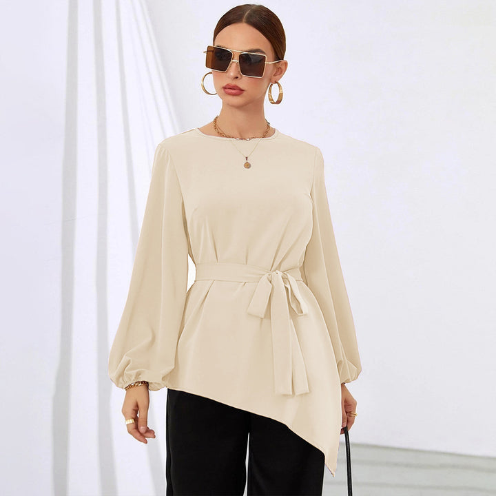 Women asymmetrical tunic blouse with balloon sleeves and waist belt Mune Fashion
