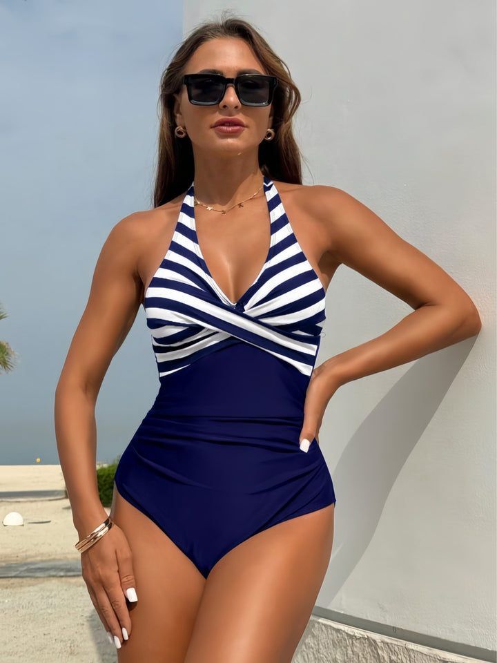 Women One-Piece Swimsuit with Striped Design and Figure-Contouring Elements Mune Fashion