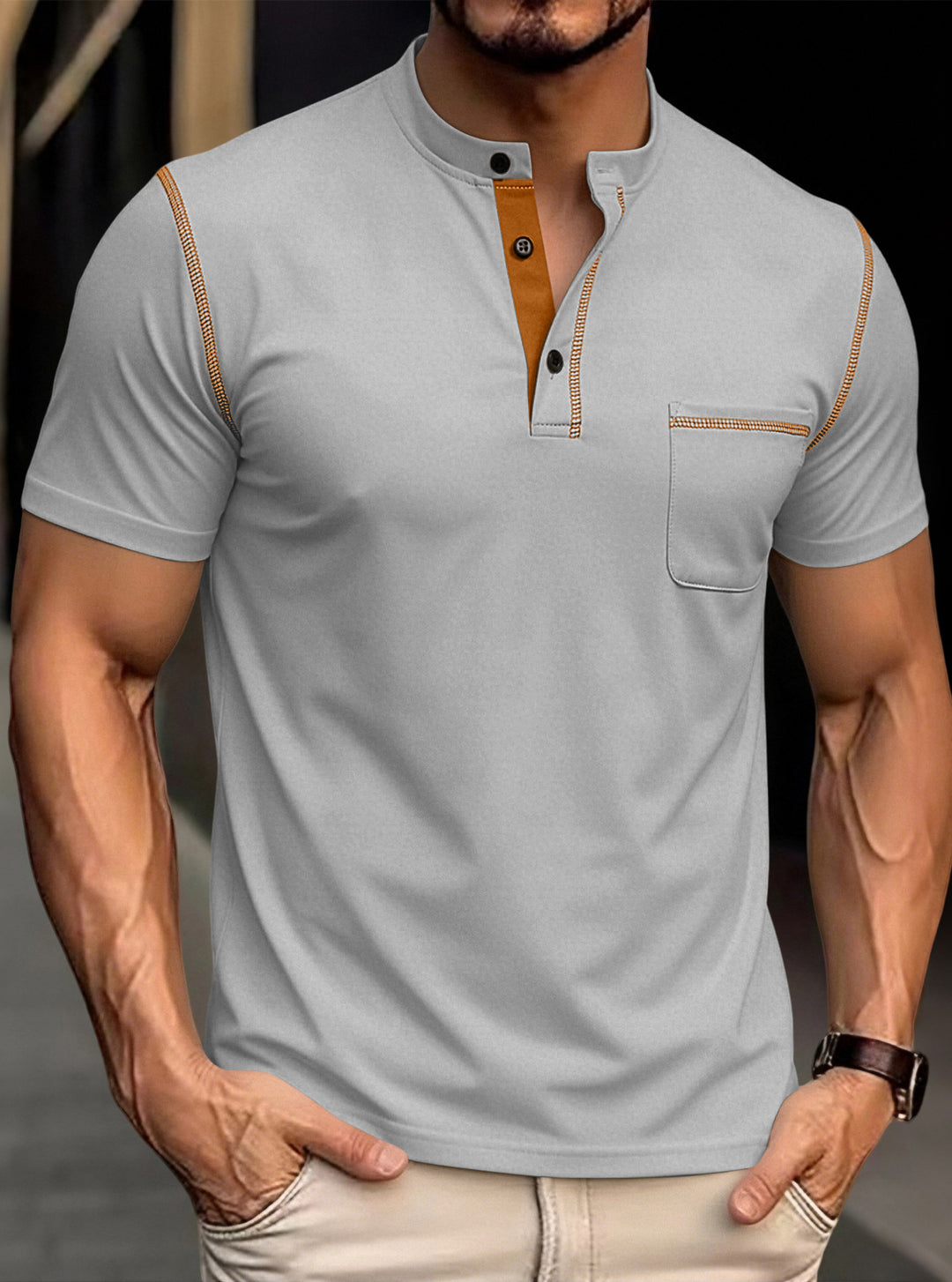 Men's modern short-sleeve Henley with stand collar, contrast stitching, and patch chest pocket Mune Fashion