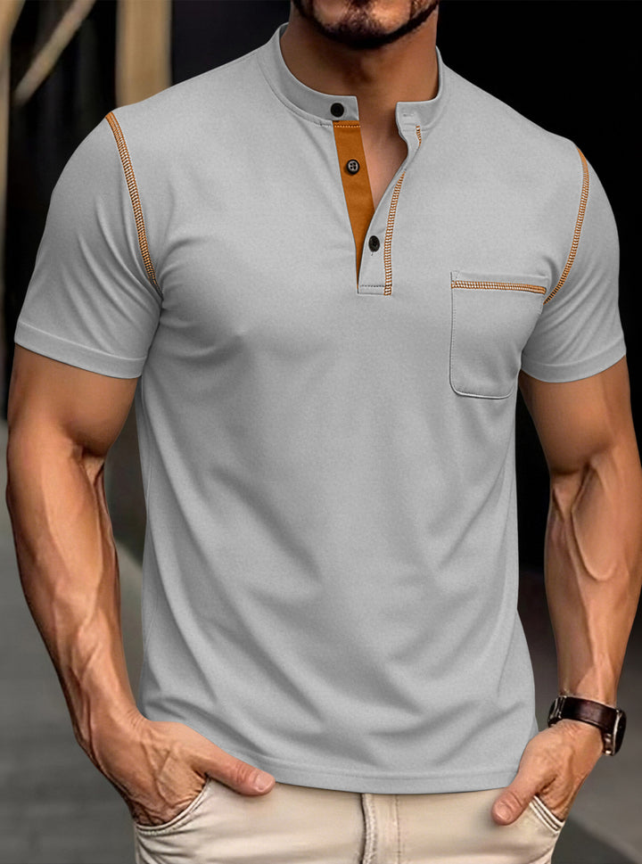 Men's modern short-sleeve Henley with stand collar, contrast stitching, and patch chest pocket Mune Fashion