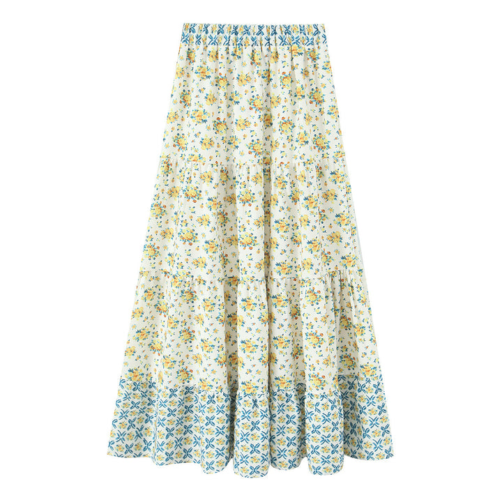 Women's Long Tiered Skirt with Floral Allover Print, Elastic Waistband and Ruffled Panels Mune Fashion