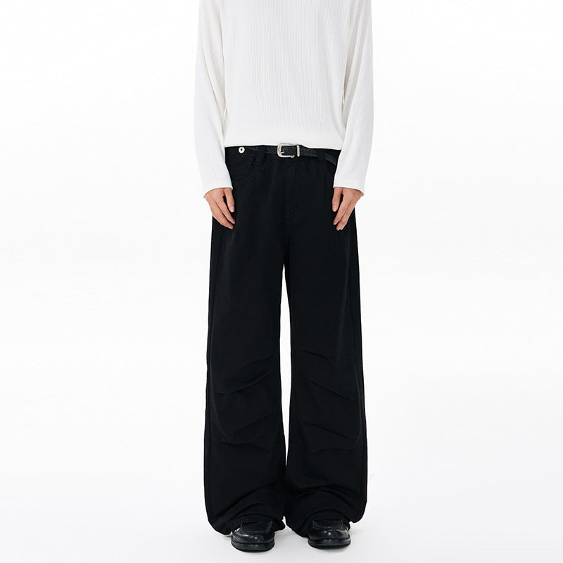 Men's Wide Relaxed Twill Pants with a Low Crotch, Floor-Length Silhouette, and Belt Loops Mune Fashion