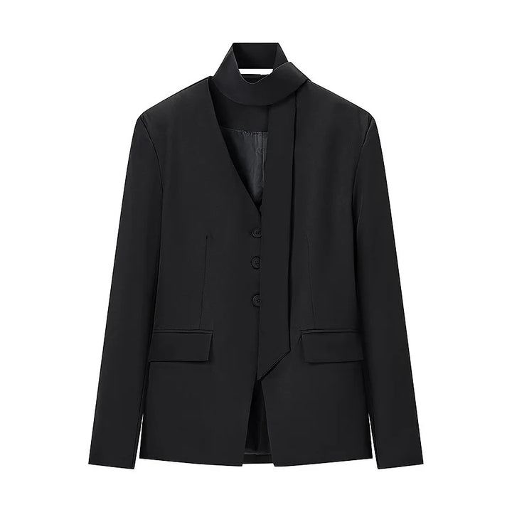 Women's tailored blazer with shawl collar bow and V-neck Mune Fashion