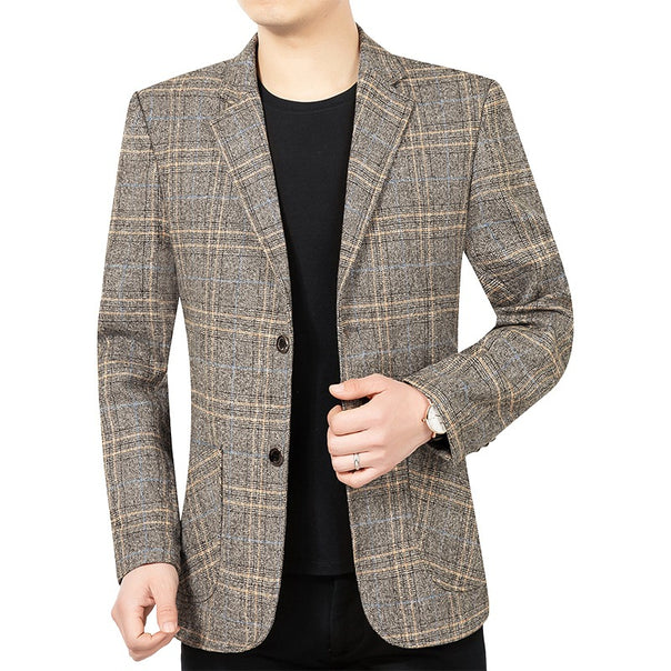 Men's Checked Slim-Fit Blazer with Textured Wool Blend and Patch Pockets Mune Fashion