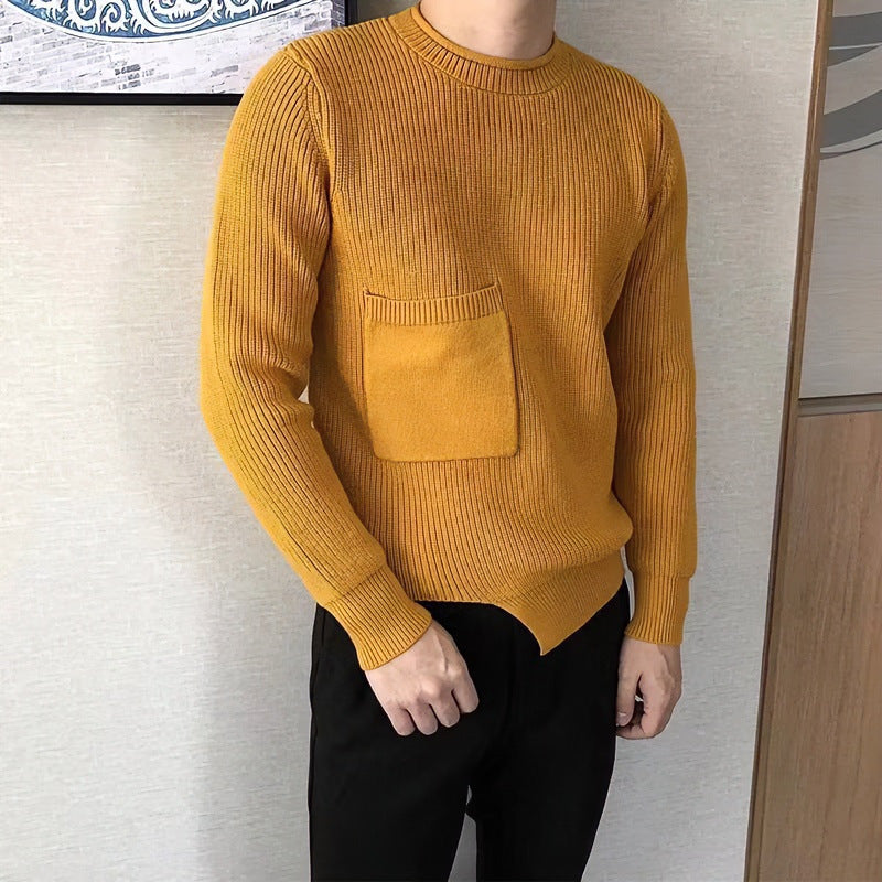 Men's coarse ribbed round neck pullover with patch chest pocket Mune Fashion