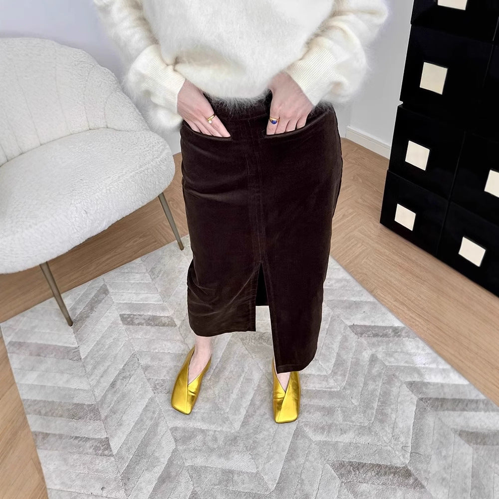 Women Elegant Cord Midi Skirt with Slit Mune Fashion