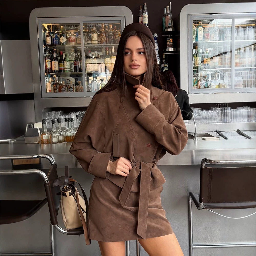 Women's Short Suede Set: Tailored Blouson with Stand Collar & Matching Mini Skirt Mune Fashion