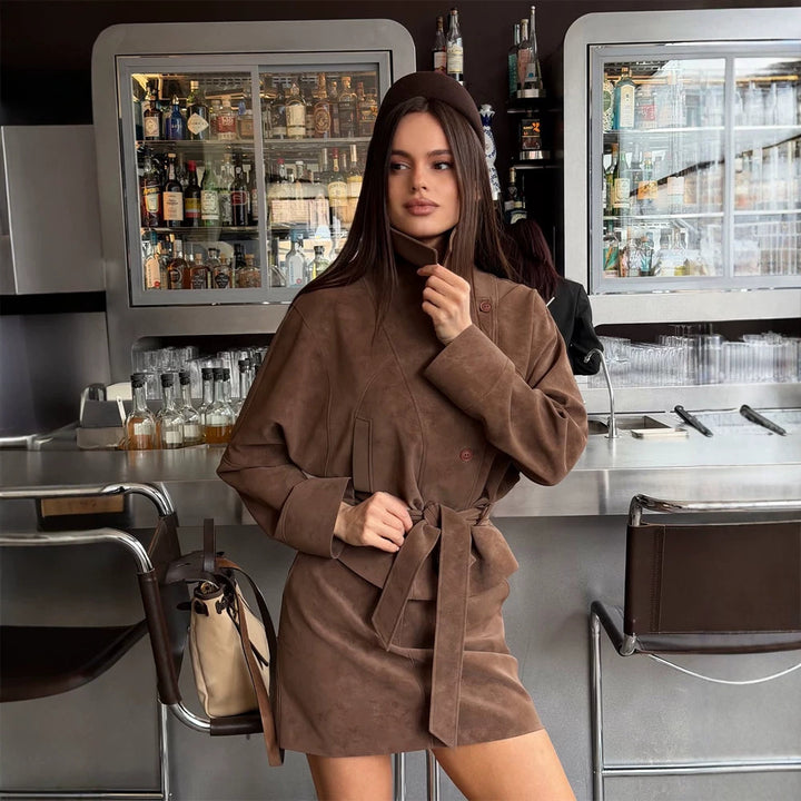 Women's Short Suede Set: Tailored Blouson with Stand Collar & Matching Mini Skirt Mune Fashion