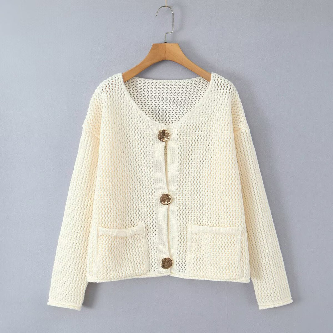 Ladies Light Open Hole Knit Cardigan with Decorative Buttons and Patch Pockets Mune Fashion