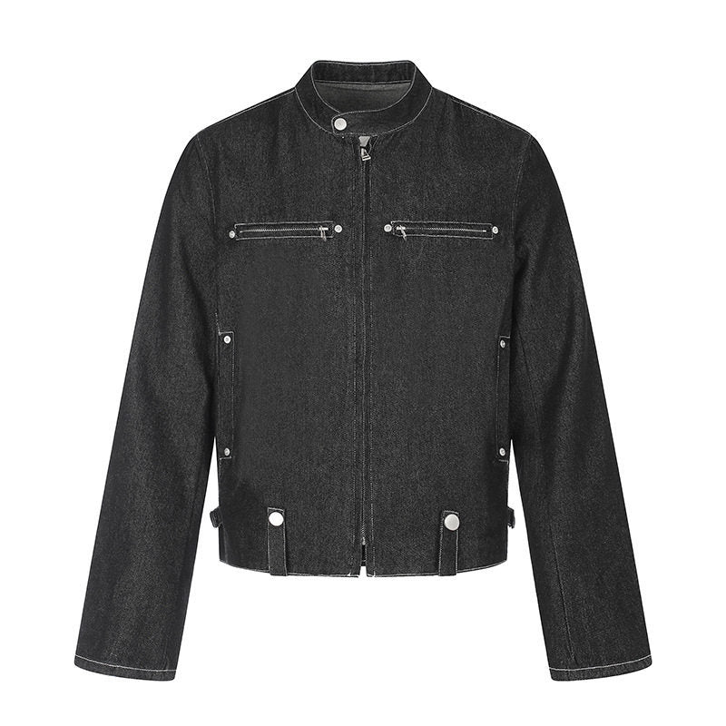 Women's short denim biker jacket with stand-up collar, zipper and snap button details Mune Fashion