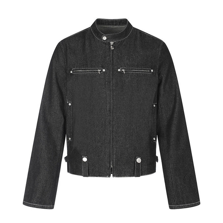 Women's short denim biker jacket with stand-up collar, zipper and snap button details Mune Fashion