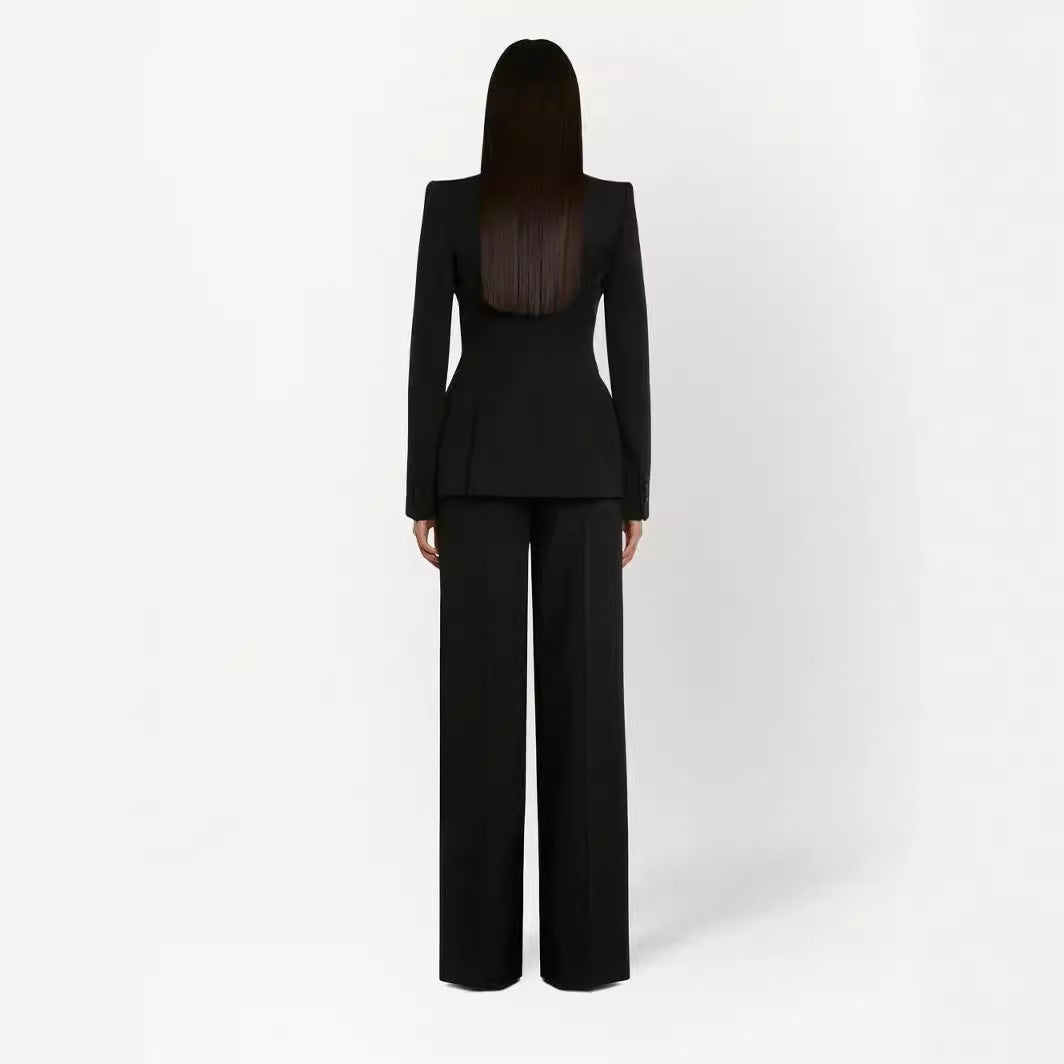 Women Elegant Tuxedo Set in Tailoring with Tailored Single-Breasted Blazer and Wide Palazzo Pants Mune Fashion