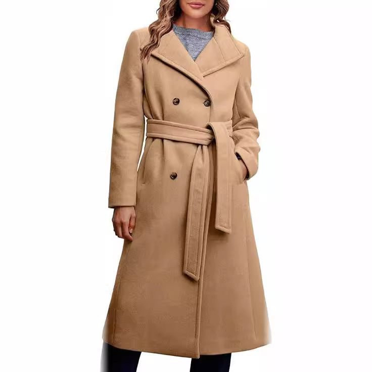 Ladies Elegant Double-Breasted Coat with Belt Detail Mune