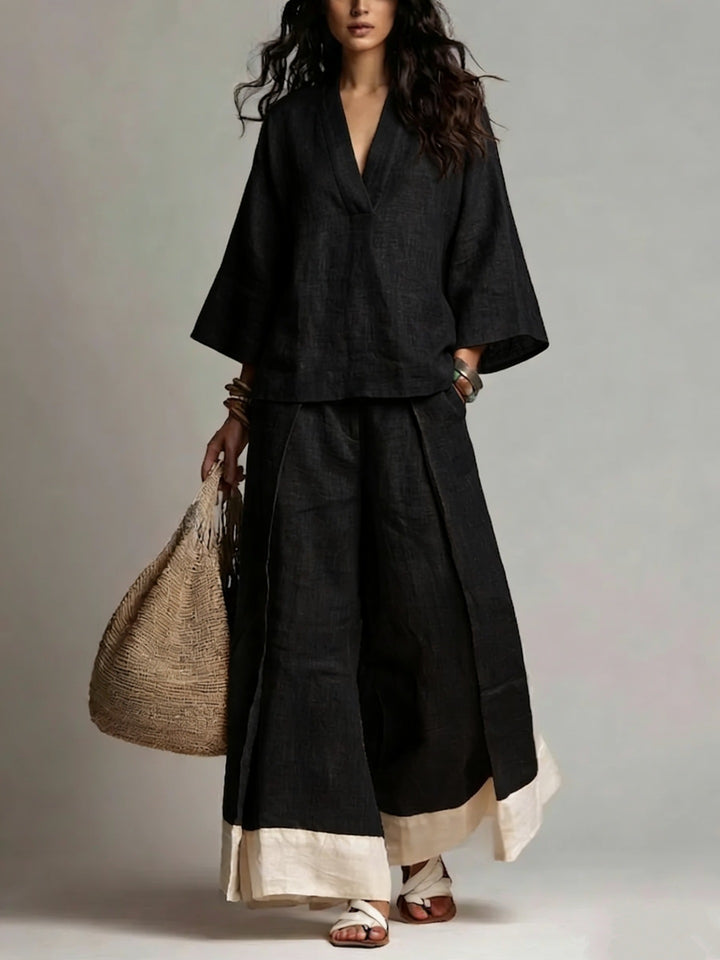 Women's linen two-piece set with wide palazzo pants V-neck and contrasting hem Mune Fashion