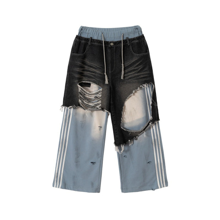 Unisex Patchwork Jeans Hybrid Pants in Oversized Cut with elastic waistband, destroy effects, and wide leg Mune Fashion