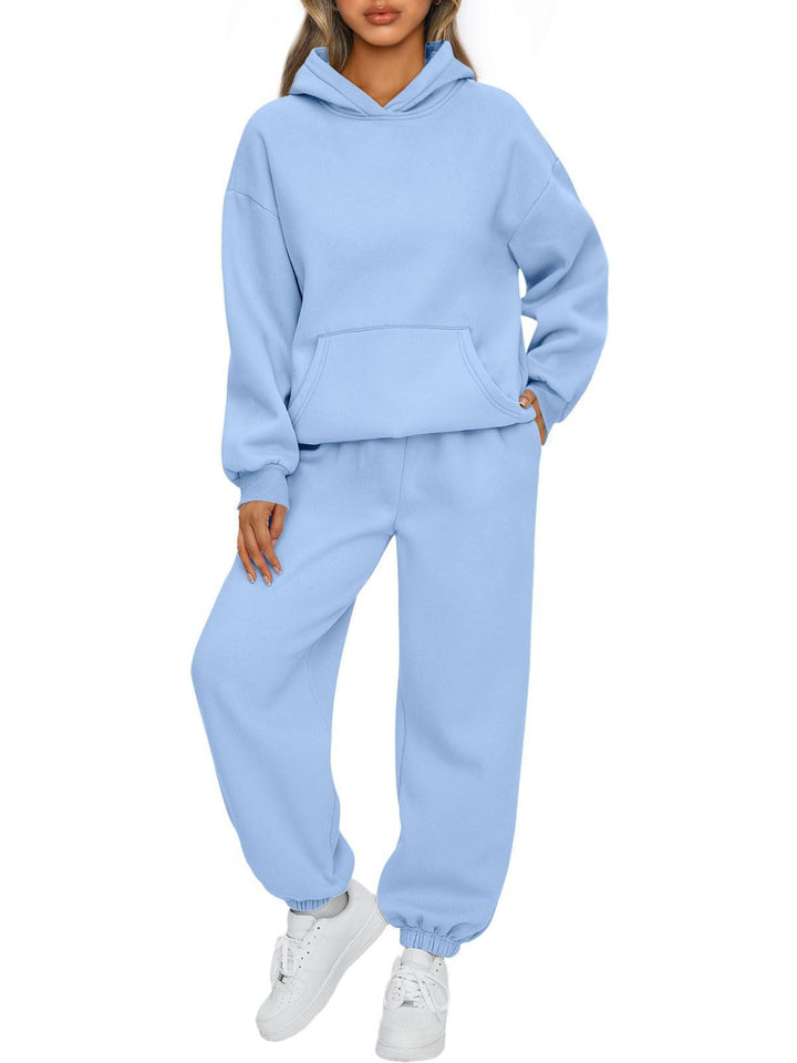 Women's cozy French-Terry loungewear set with double-layer hood, kangaroo pocket, and elastic ankle jogger Mune Fashion