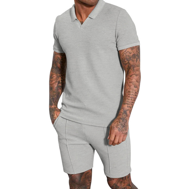Men's short-sleeved half-collar knit set with fine waffle structure and straight-cut shorts Mune Fashion