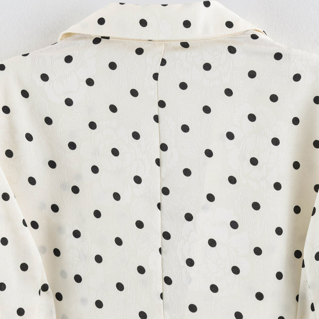 Ladies Light Polka Dot Blazer with Lapels, Drawstring Waist and Flap Pockets Mune Fashion