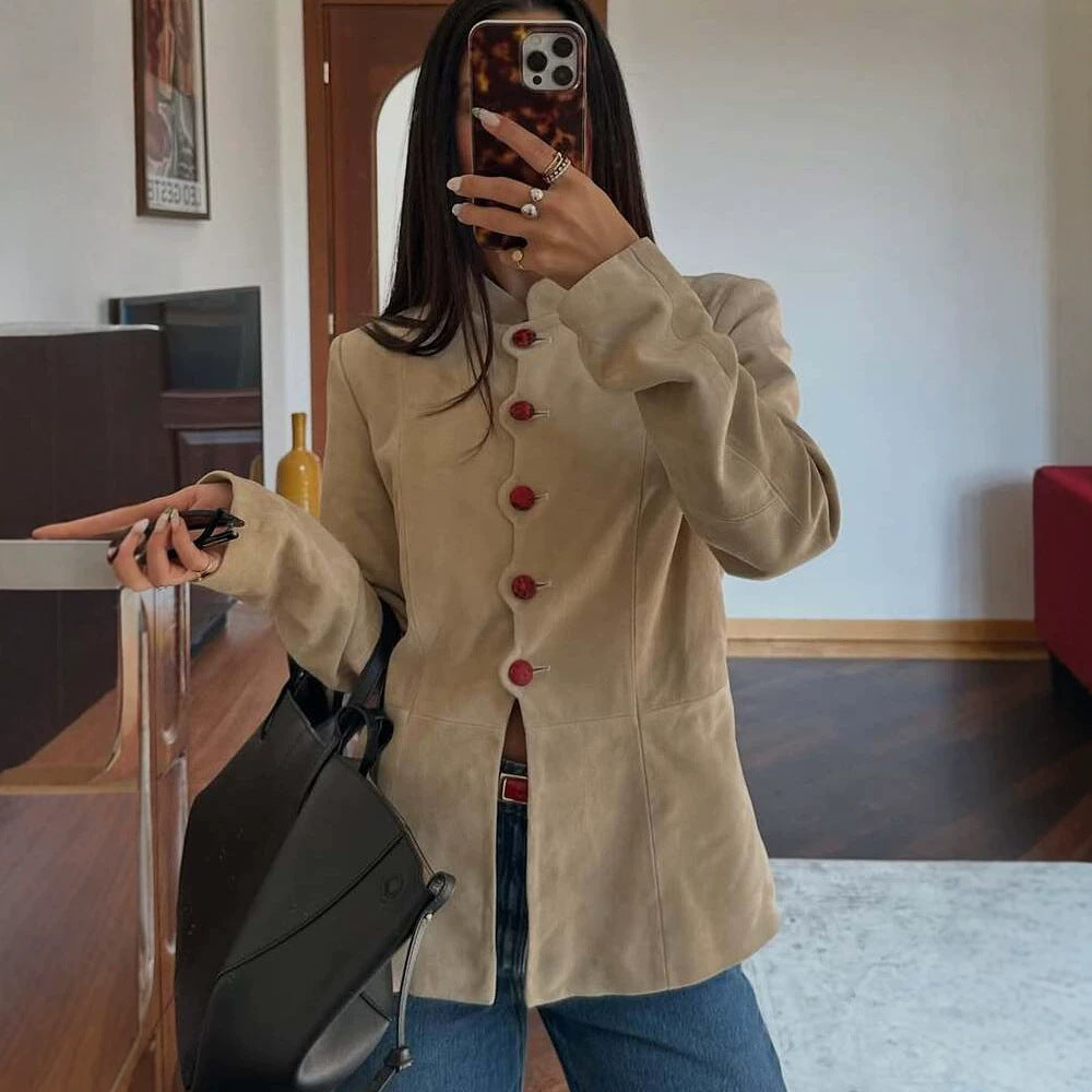 Women's Tailored Suede Blazer with Stand Collar and Decorative Buttons Mune Fashion