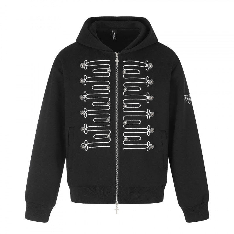 Unisex Zip-Up Hoodie in Military Look with Cord Embroidery and Cross Zipper Mune Fashion