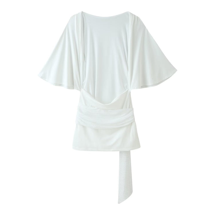 Women's flowing blouse top with cape sleeves and decorative waist scarf Mune Fashion