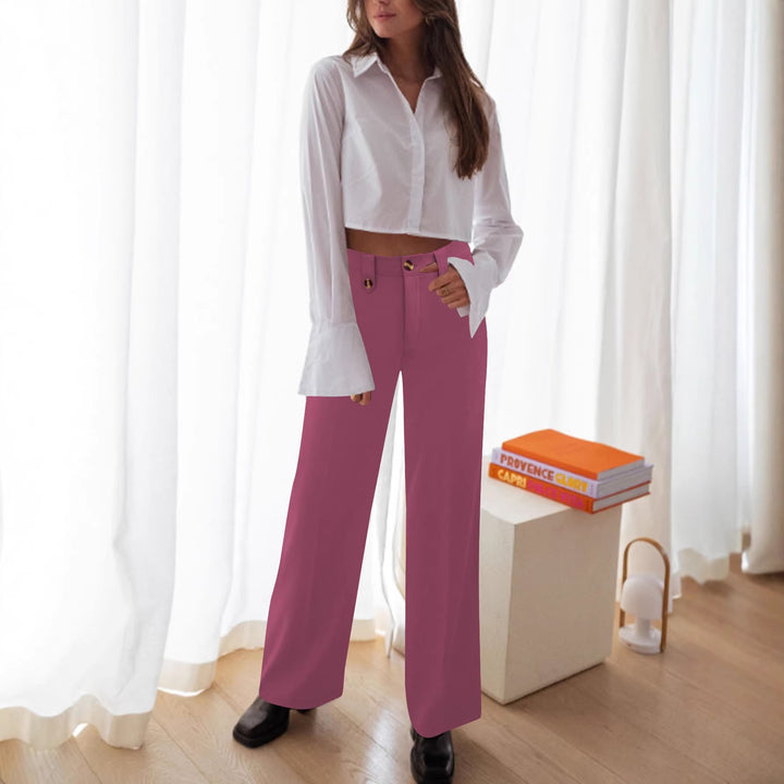 Ladies High-Waisted Palazzo Pants with Crease, Decorative Button Placket and Side Pockets Mune Fashion