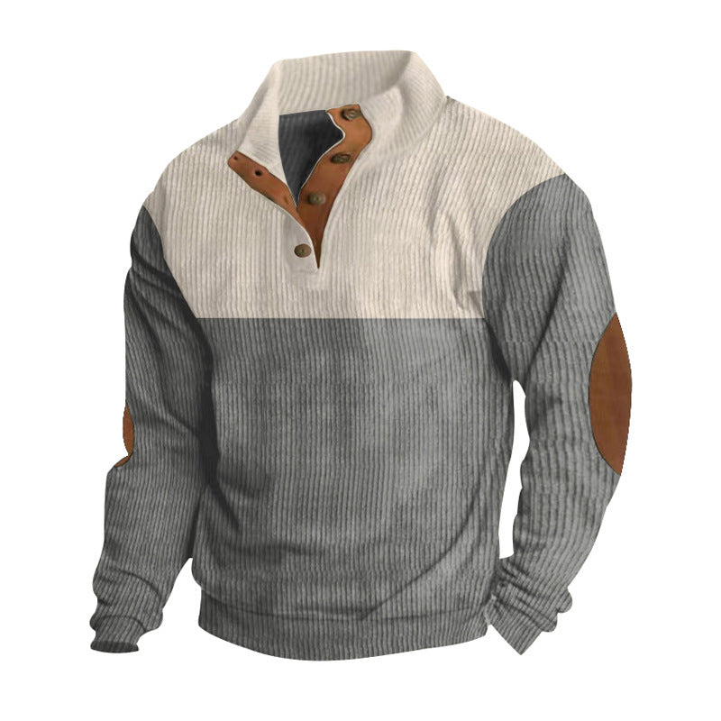 Men's ribbed knit sweater with standing collar, button placket, and leather elbow patches Mune Fashion