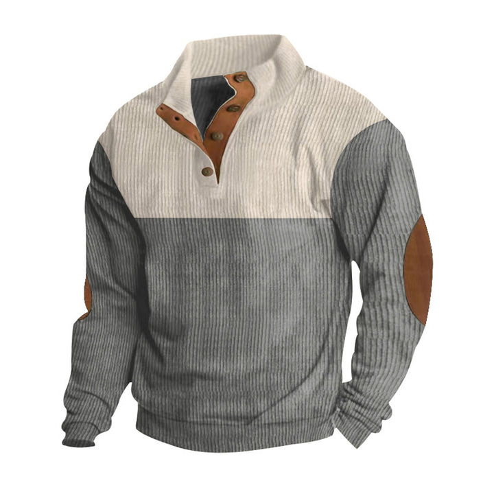 Men's ribbed knit sweater with standing collar, button placket, and leather elbow patches Mune Fashion