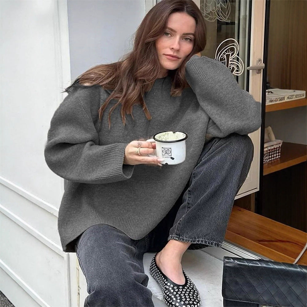 Women Oversized Fine Knit Sweater with Round Neck and Balloon Sleeves Mune Fashion