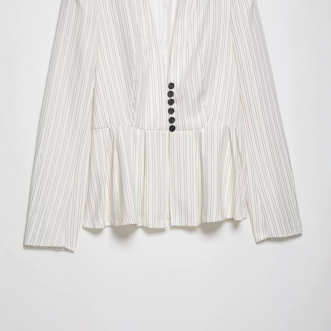 Women Tailored Blazer with Shawl Collar, Fine Pinstripes and Waist Emphasis Mune Fashion