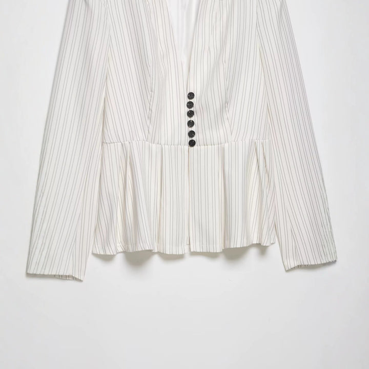 Women Tailored Blazer with Shawl Collar, Fine Pinstripes and Waist Emphasis Mune Fashion