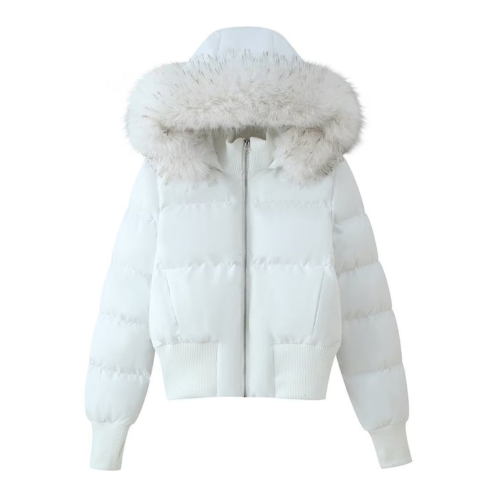 Women's Padded Cropped Bomber Jacket with Hood and Removable Faux Fur Trim Mune Fashion
