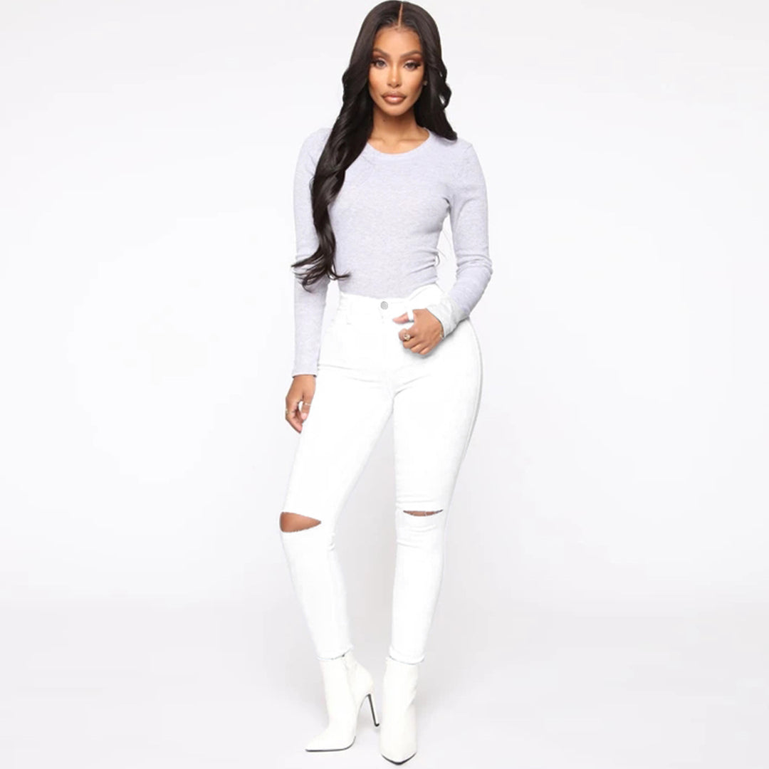 Women's High-Waist Skinny Jeans with Knee Rips and Figure-Flattering Cut Mune Fashion