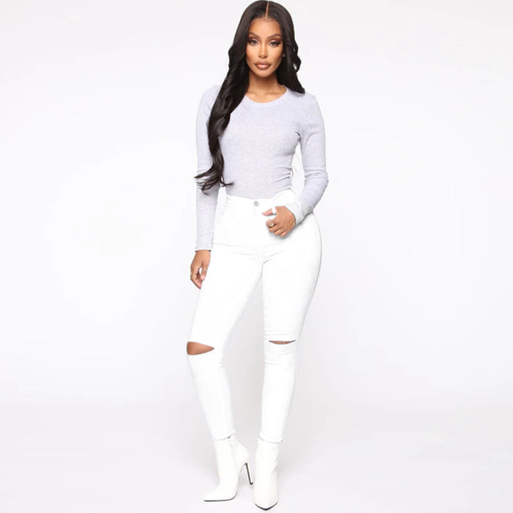 Women's High-Waist Skinny Jeans with Knee Rips and Figure-Flattering Cut Mune Fashion
