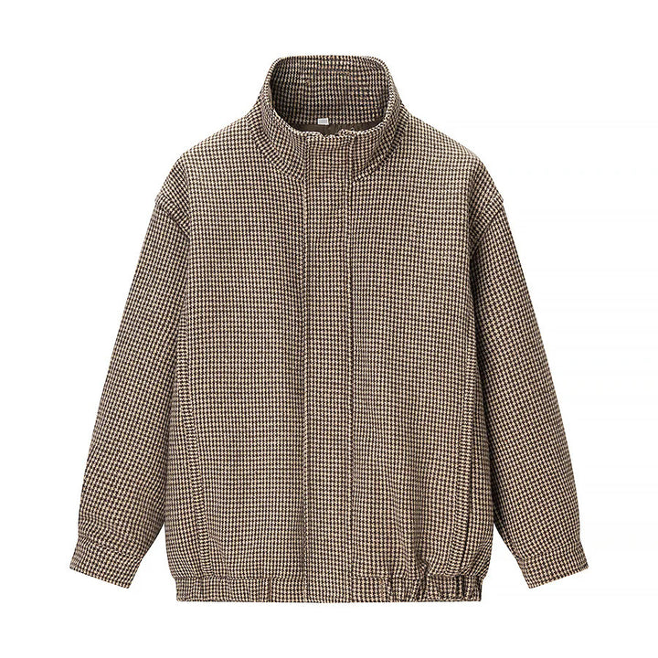 Women’s lightweight houndstooth transitional jacket with high stand-up collar, elastic hem, and concealed zipper Mune Fashion