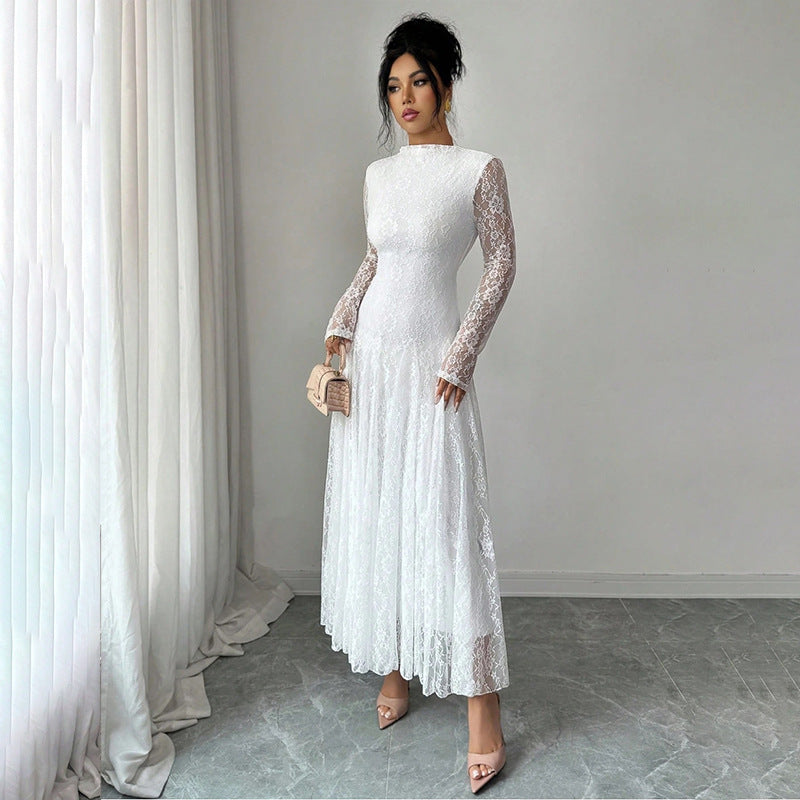 Ladies Elegant Wedding Dress with Lace Sleeves Mune Fashion