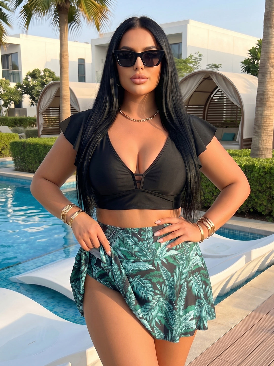 Women's bikini top with elegant wrap detail and floral under skirt Mune Fashion