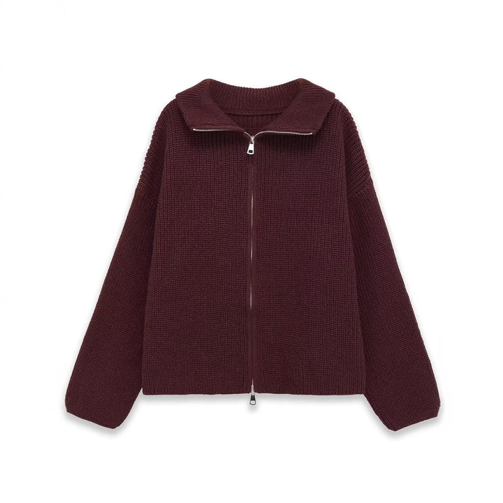 Women's Chunky Knit Zip Cardigan with Stand-up Collar and Oversized Silhouette Mune Fashion