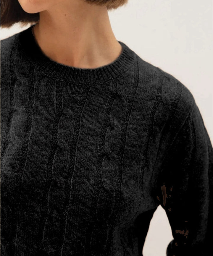 Women’s cable knit sweater in braids with round neckline and sustainably soft wool blend Mune Fashion